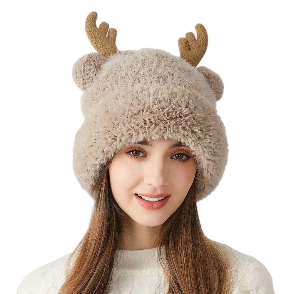 9987 Cute Reindeer Antlers Knitted Beanie Hats Girls Warm Fluffy Winter Hat